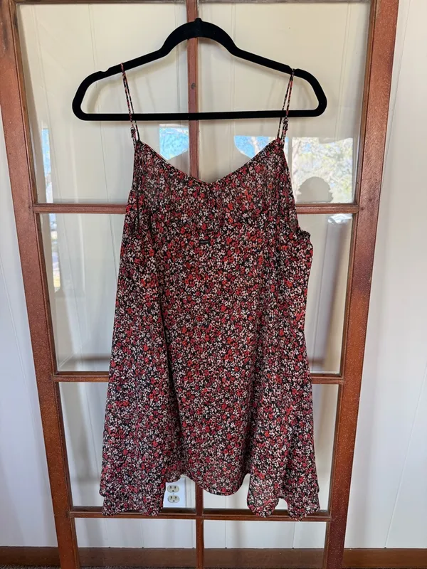 Volcom Laying Low Dress Red Floral Spaghetti- Strap V-Neck Swing Mini - Medium - Image 6