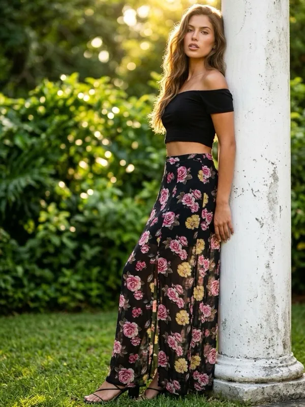 Dark Floral Sheer Maxi Skirt Samll Double Slit Romantic Dark Fairy Whimsigoth - Image 6