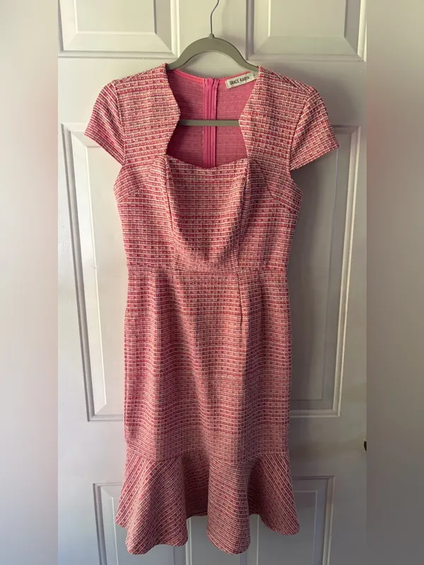 Grace Karin Pink Tweed Square Neck Mini Fit and Flare Dress Sz S VTG 60s Insp - Image 3