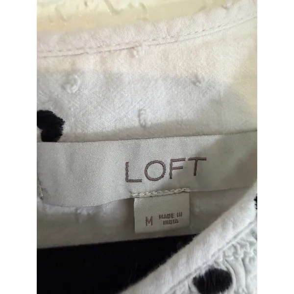 LOFT Blouse White M Womens Heart Print Ruffle Smocked Swiss Dot Long Sleeve - Image 5