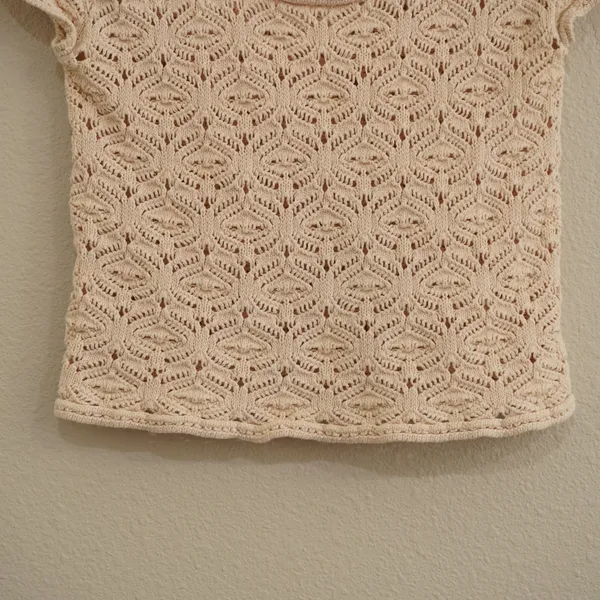 Vintage dELiA's XS Knit Top Beige Tan Pointelle Crochet Short Sleeve Shirt 90s - Image 3