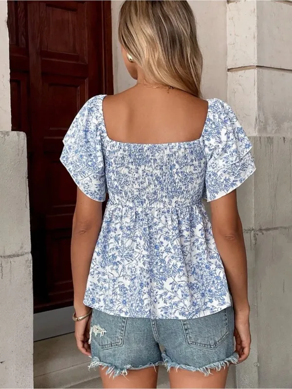SHEIN Blue & White Floral Smocked Square Neck Blouse - Image 2