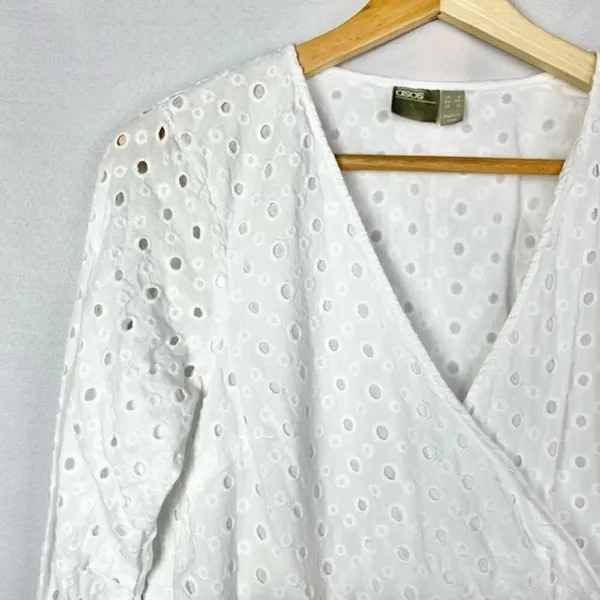 ASOS‎ White Tiered Eyelet Lace Long Sleeve Wrap Trapeze Mini Dress 2 - Image 3