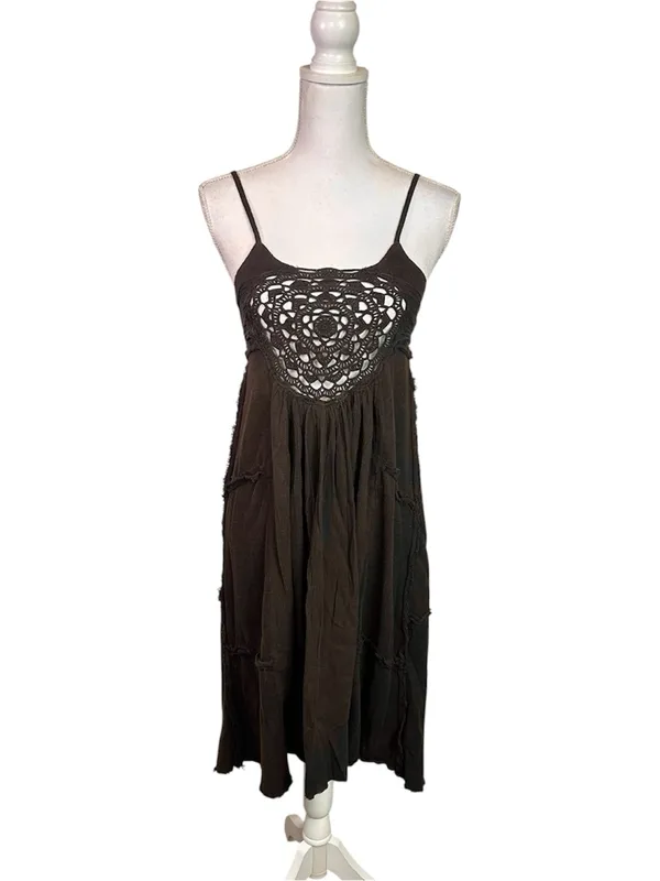 Free People Boho Lightweight Cotton Crochet Bodice Gauzy Dress in Brown Size XS - Image 2