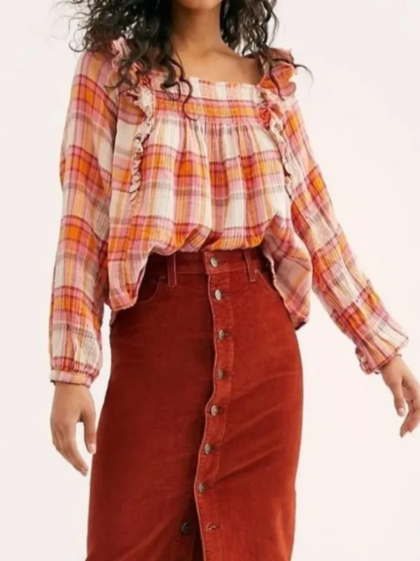 Free People Sienna Plaid Smocked Gauze Crinkle Blouse - Image 7
