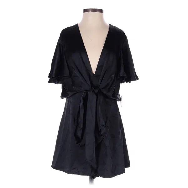 Altar'd State Black Satin Romper Small Flutter Sleeve Tie Front Coquette Party - Image 2