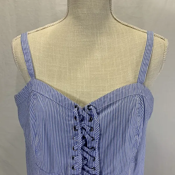 Striped Blue and White Poplin Lace Up Corset Tank Top Size 1X - Image 3