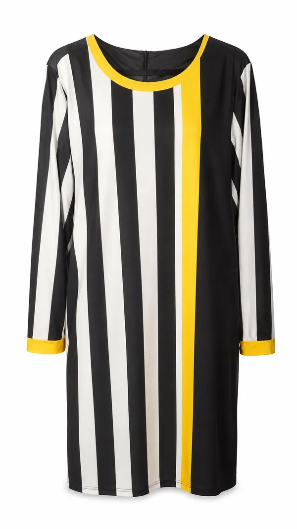 Women's Black & White Stripe Shift Dress with Yellow Trim - Image 4