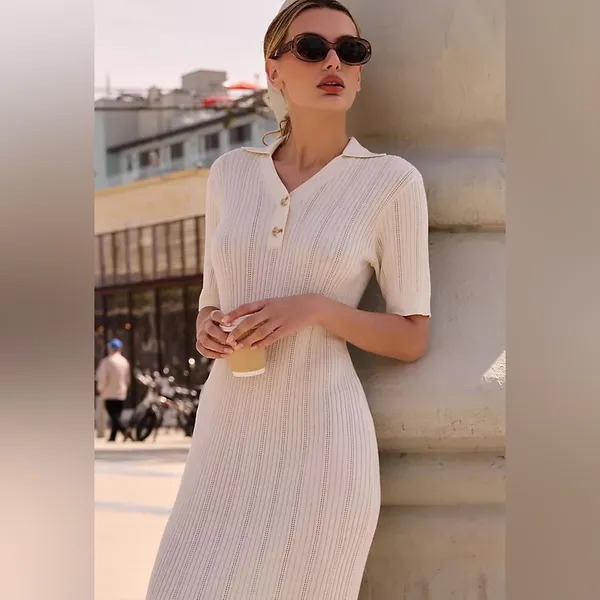 Varley Cream Ribbed Midi Dress with Polo Collar - Image 2