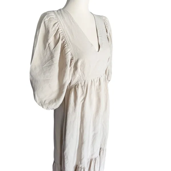 Hunter Bell Linen Blend Midi Dress M Natural Puff Sleeve V Neck Cottagecore - Image 3
