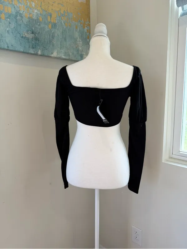 Nasty Gal Black Square Neck Ribbed Button Crop Top Size 8 - Image 2