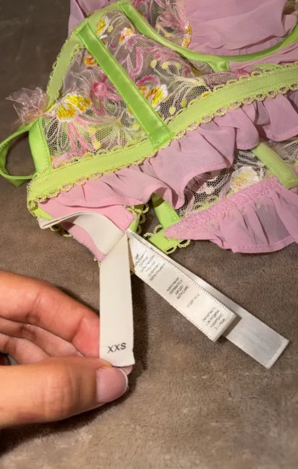 Exclusive For Love & Lemons & Victoria's Secret. Pink bra with yellow & orange floral embroidery and green trim #lingerie #floral - Image 6