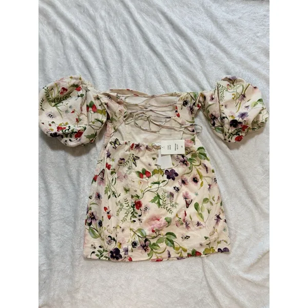 H&M Linen Blend Floral Off Shoulder Puff Sleeve LaceUp Back Dress size M -42 - Image 4
