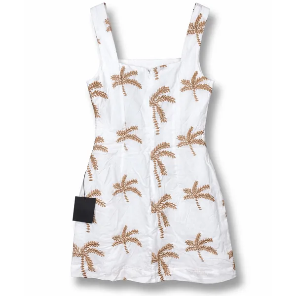 NEW Lulus Flawlessly Breezy Ivory Tan Palm Tree Embroidered Cotton Mini Dress XS - Image 7