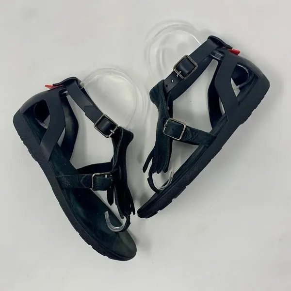 Hunter Original‎ Fringe T-Bar Leather Sandals Black - Image 3
