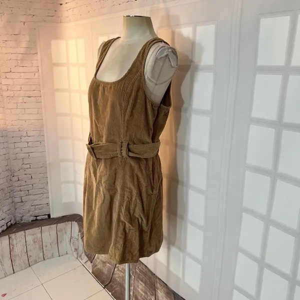 American Eagle Outfitters Tan Belted Corduroy Overall Jumper Mini Dress Large - Image 3