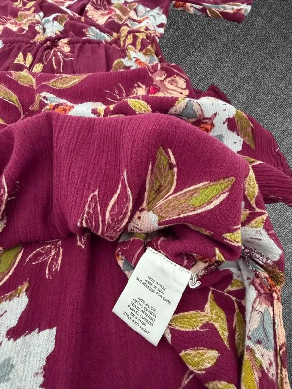 Patrons Of Peace Burgundy Floral Rayon Midi Dress Size Small - Image 5