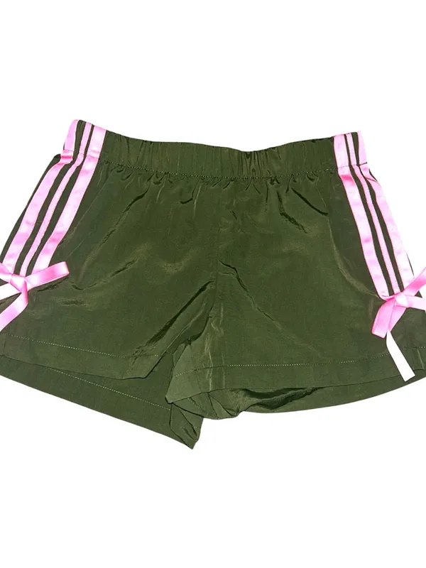 No Boundaries Olive Green Athletic Shorts with Pink Stripe and Bow - Image 2