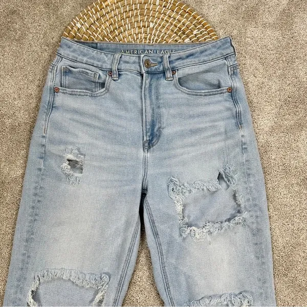 American Eagle Stretch Mom Straight Jeans Distressed Ripped Blue Size 6 Short - Image 3