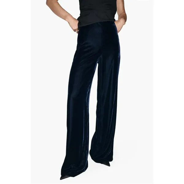 Mango Womens XL Velour Wide‎ Leg Pants Navy Blue Velvet High Rise Trousers - Image 3
