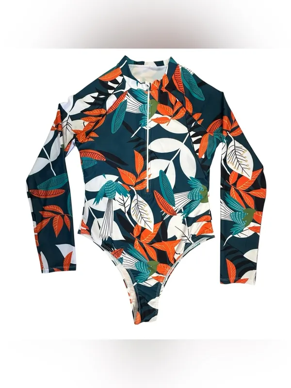Long-Sleeve Teal Floral One-Piece Swim Suit with Front Zip Size L - Image 2