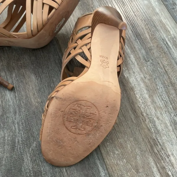 TORY BURCH Nadia brown woven leather logo detail huarache sandals heels 9.5 - Image 9
