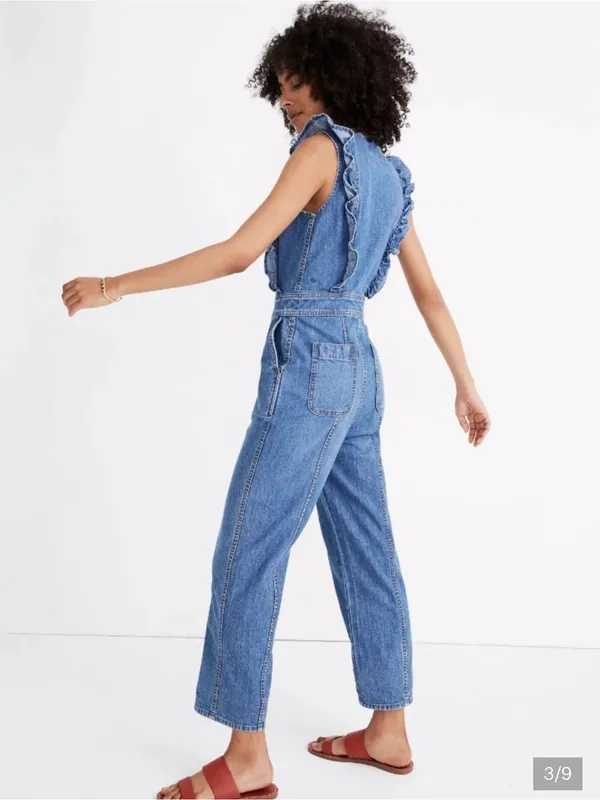 Madewell Denim Ruffle-Sleeve Zip-Front Jumpsuit Stretch Indigo 00 - Image 3