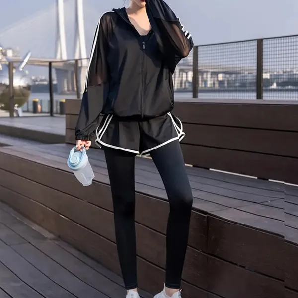 Two Pieces Set Tracksuit Bomber Jacket Sport Set Leggings Shorts Activewear Mesh - Image 3
