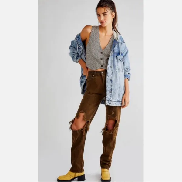 Free People We the Free The Lasso Distressed Straight-leg Jeans Brown 25 - Image 2