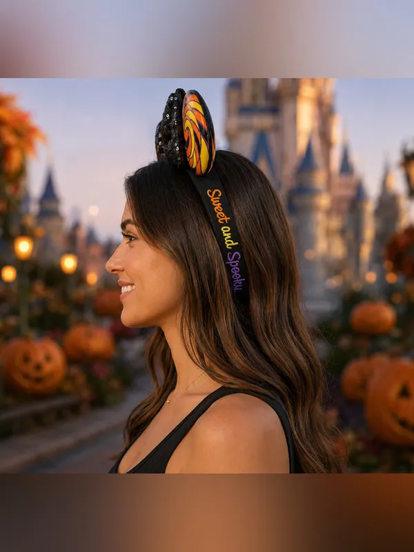 Disney Halloween Swirl Candy-theme Mickey Ears Headband with Black Sequin Bow - Image 6