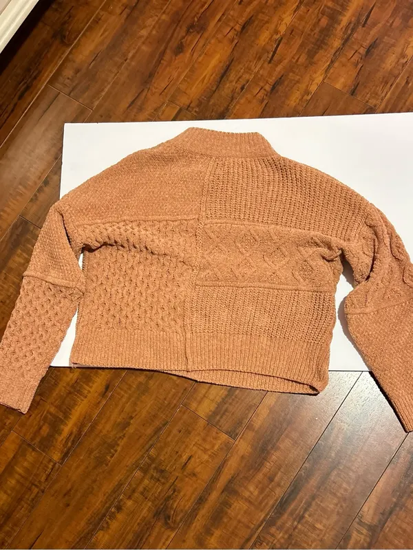 Pink Rose Patchwork Cable Crewneck Sweater in Rust - Image 2