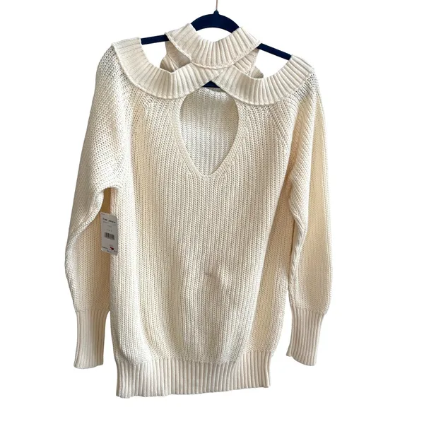 Free People‎ Sweater Womens Medium Ivory Boho Cold Shoulder Mock Neck OB994777 - Image 6