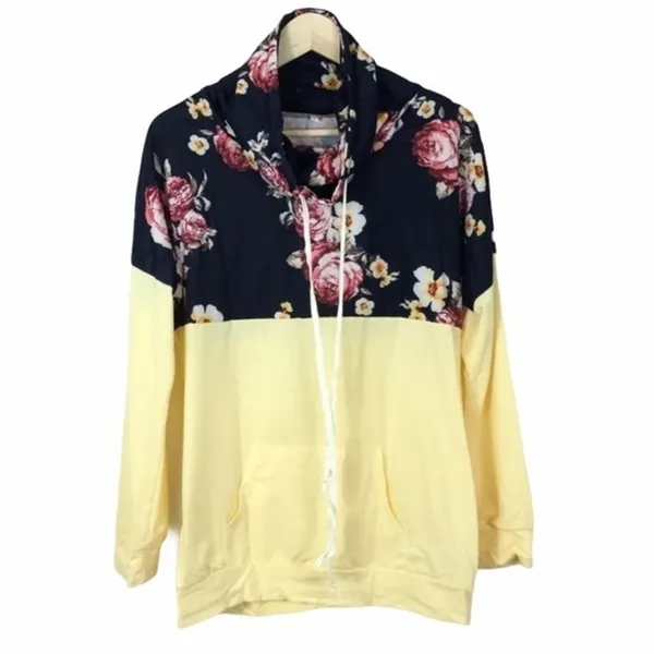 Boutique yellow Floral butter yellow navy kangaroo pouch sweatshirt‎ Large - Image 2