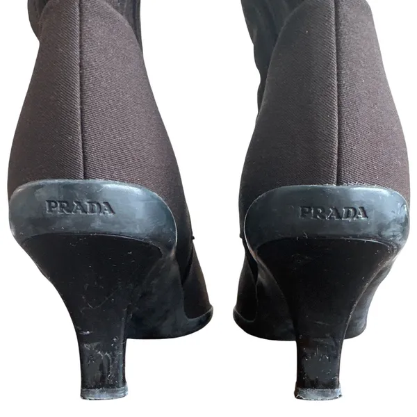 Vintage Prada Tessuto Nylon Sock Booties Kitten Heel Y2K Brown 38.5 - Image 12