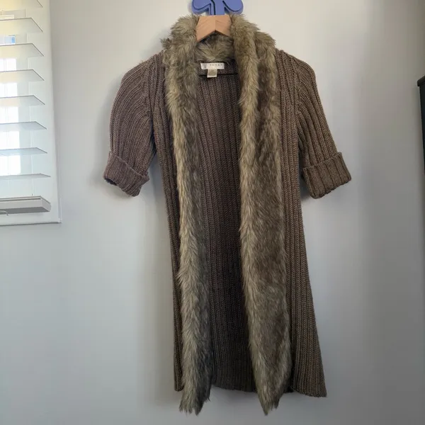 Kenar 2000s Y2K XS Brown Rib Open Long Cardigan Faux Fur Wool Alpaca Phoebe Twilight - Image 2