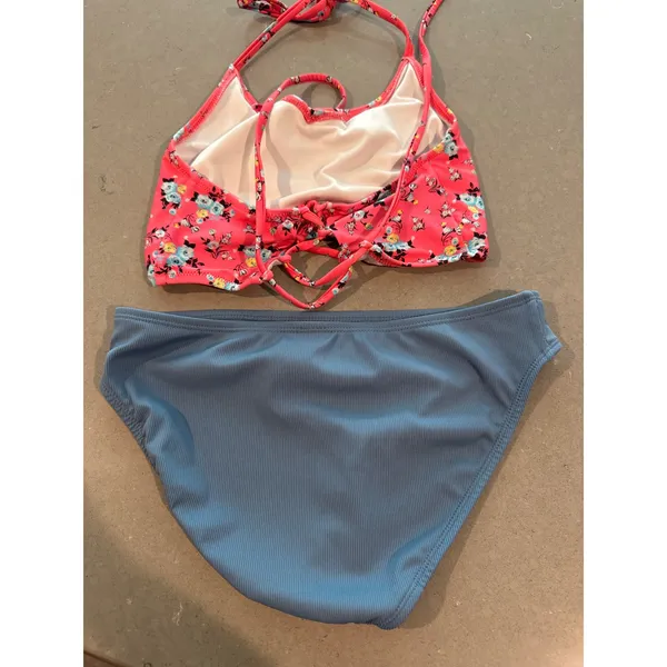 Shade &‎ Shore XS (0-2) Floral Swimsuit Bikini Set Coral Blue Ribbed - Image 3