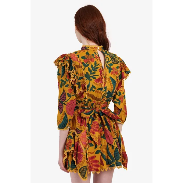 Farm Rio Mini Dress Yellow Floral Ruffle Pom Pom Trim Mock Neck Belted - Image 2