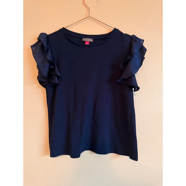 Vince Camuto Knit Top Womens XS Navy‎ Blue Ruffle Sleeve Chiffon Trim Blouse - Image 3