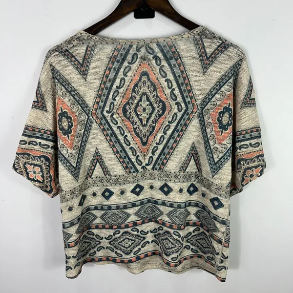 Ginger G Southwestern Aztec‎ Print Top L Beige Blue Short Sleeve Boho Festival - Image 2