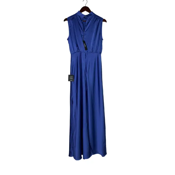 NWT Lulus Classic Elegance Satin Sleeveless Mock-Neck Slit Maxi Dress Large Blue - Image 13