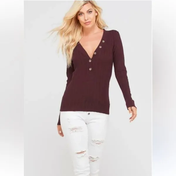Nordstrom NWOT Wishlist ribbed plum long sleeve sweater v neck - small - Image 9