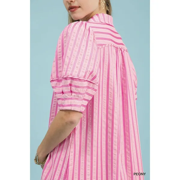 Umgee Striped Puff Sleeve Midi Dress - Peony - Small‎ - Image 5