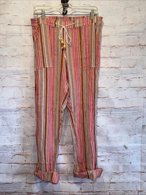 Sundance Pink Tan Stripe elastic Waist Bakari Beachy Pants Roll Tab Hem S pocket - Image 9