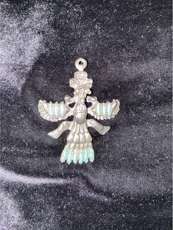 Vintage Southwestern Silver-Tone Thunderbird Kachina Pendant with Faux Turquoise - Image 6