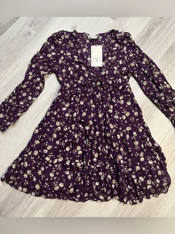 Zara Purple Floral V-Neck Long-Sleeve Mini‎ Dress - Image 2