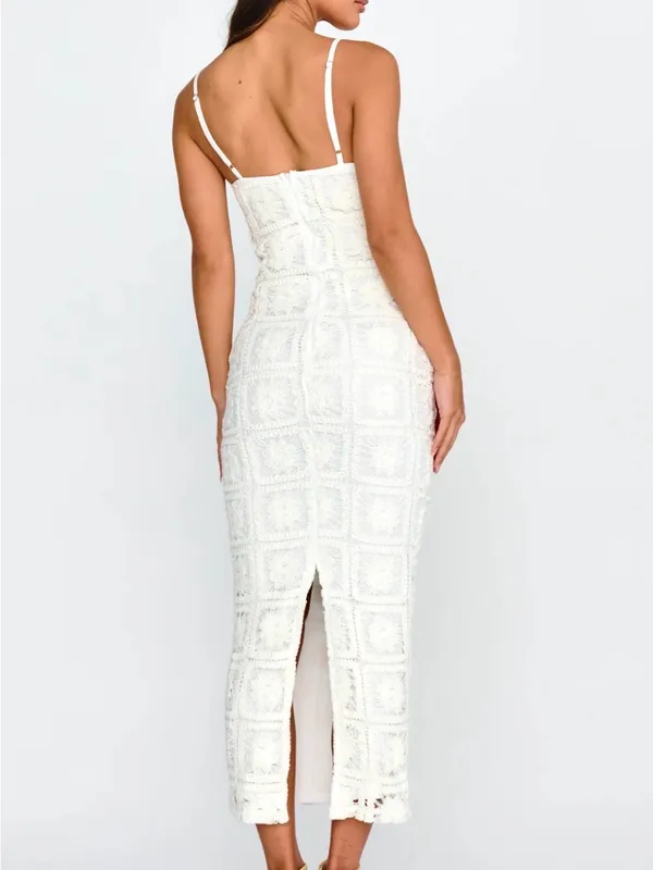 Here Comes the Sun Cayman Sunset Crochet Midi Dress White Beachy Vacation Ready Feminine Brunch - Image 2