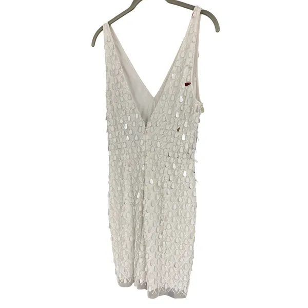 Liv Foster Beaded Sequin Lattice V-Neck Mini Dress Ivory Silver Size 6 - Image 4