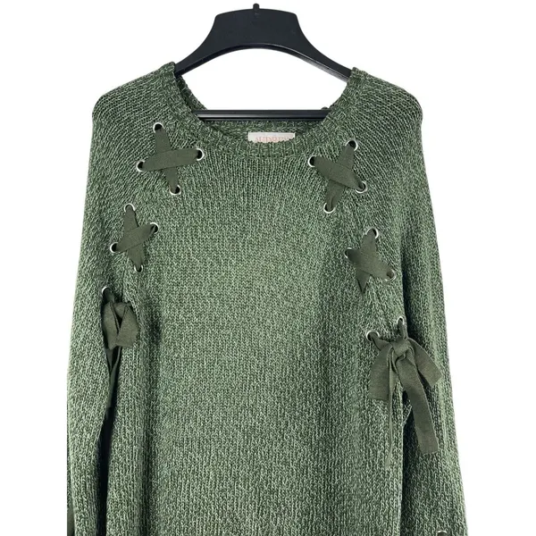 Audrey Parks Francesca’s Sweater Womens M Heathered Green Lace Up Knit Boho NWT - Image 2