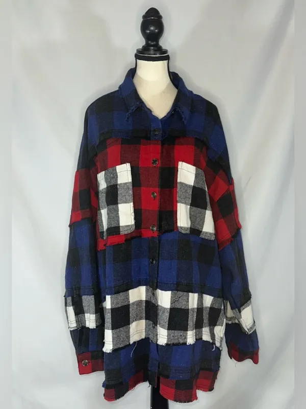 Oli & Hali Mixed Plaid Flannel Shacket Size Large Reworked Tiered Boho USA - Image 5
