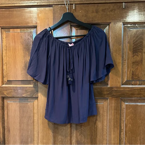Lilly Pulitzer Sain Off-Shoulder Blouse Short‎ Bell Sleeve Tassel True Navy - Image 5